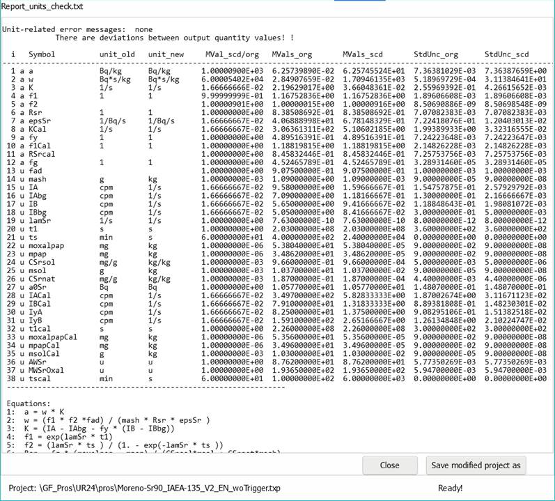 Report of the unit check dialog